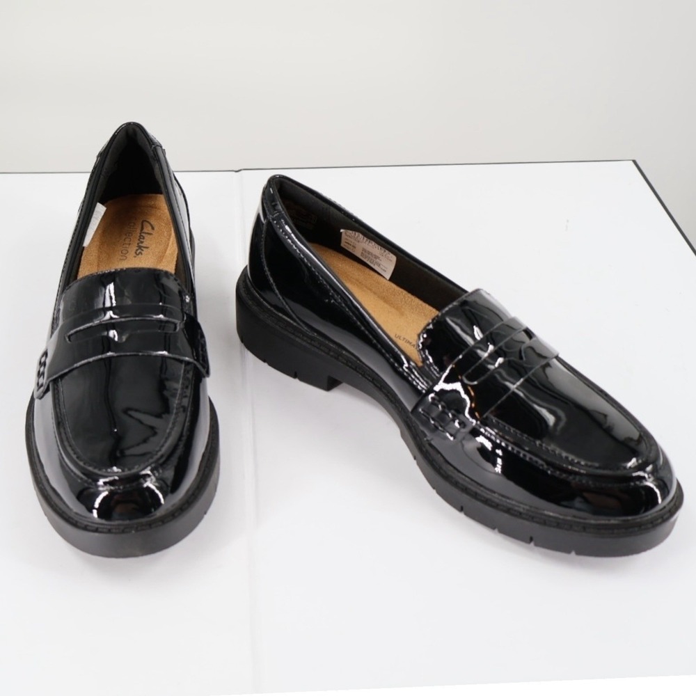 Clarks Westlynn Ayla Black Patent Penny Loafers Comfort Lug Sole 6.5 M